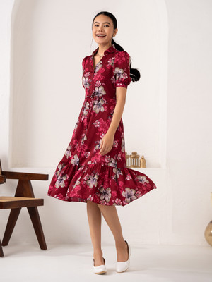 AASK Women Fit and Flare Maroon Knee Length Dress