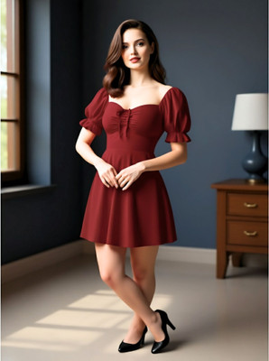 tthe dreams Women Fit and Flare Maroon Above Knee/Mid Thigh Length Dress