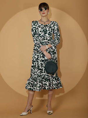 Seek By Sheetal Women Fit and Flare Green, White Midi/Calf Length Dress