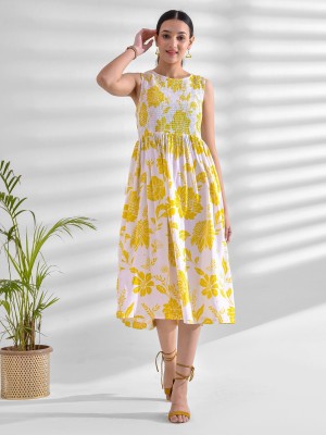 Divastri Women Fit and Flare Yellow, White Dress