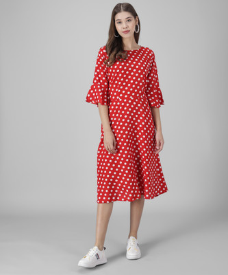 vivient Women Fit and Flare Red Below Knee Dress
