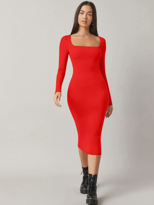 Babisa Women Bodycon Red Midi/Calf Length Dress