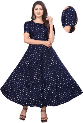 QUEUEE CREATION Women Fit and Flare Dark Blue, White Maxi/Full Length Dress