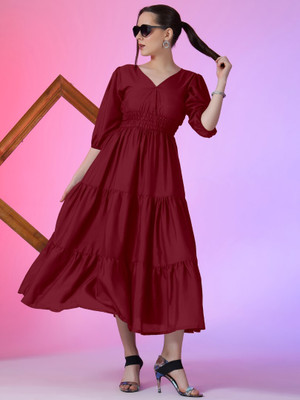 Jash Creation Women Fit and Flare Red Midi/Calf Length Dress
