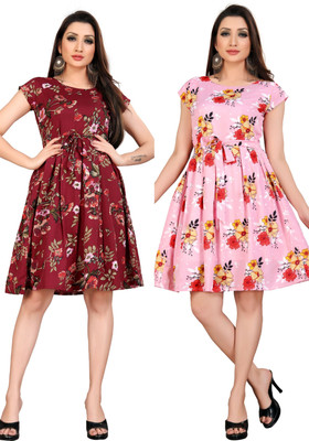 vastra soundrya Women Fit and Flare Multicolor Above Knee/Mid Thigh Length Dress