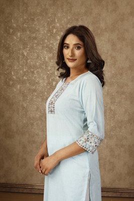 Rudra Enterprise Women Embroidered Straight Kurta(Light Blue)