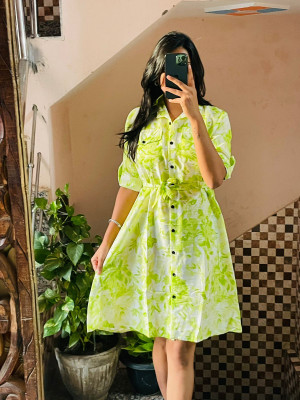 simran collections Women Fit and Flare Light Green, White Knee Length Dress