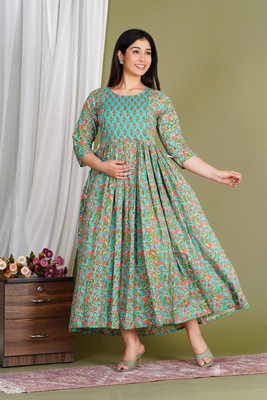 Gulabi Jaipur Women Fit and Flare Green, Multicolor Ankle Length Dress