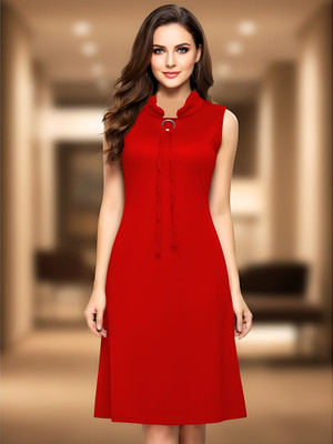 tthe dreams Women Fit and Flare Red Below Knee Dress