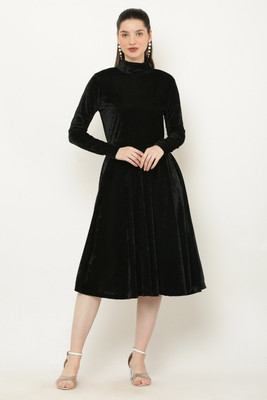 Elizy Women Fit and Flare Black Knee Length Dress