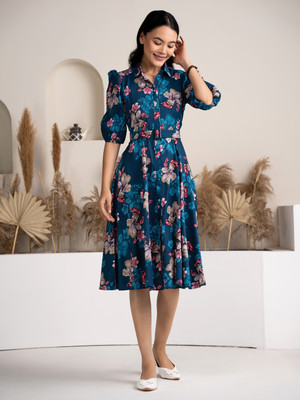 AASK Women Fit and Flare Dark Blue Below Knee Dress