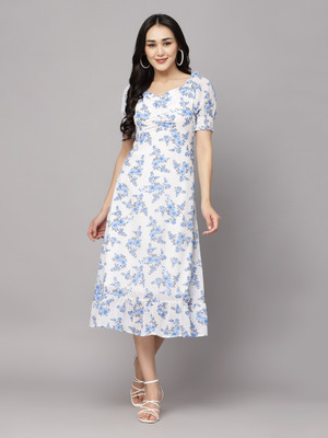 METRONAUT Women A-line White, Light Blue, Grey Midi/Calf Length Dress
