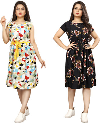 FashhionWorld Women Fit and Flare Multicolor Knee Length Dress
