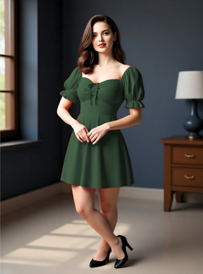 tthe dreams Women Fit and Flare Green Above Knee/Mid Thigh Length Dress