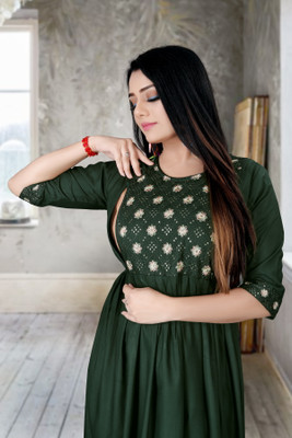 zyqo Women Fit and Flare Dark Green Midi/Calf Length Dress