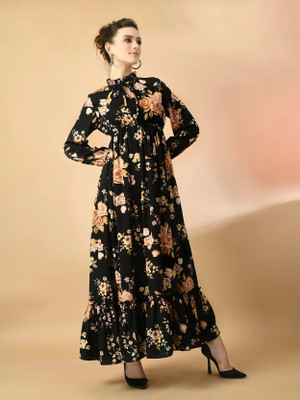 Krunal Raiyani Women Fit and Flare Gold Maxi/Full Length Dress