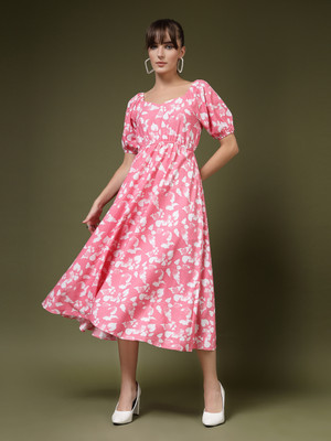 Dressberry Women Fit and Flare Pink Below Knee Dress