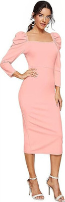 Trendz Creation Women Bodycon Pink Below Knee Dress