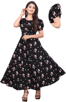 QUEUEE CREATION Women Fit and Flare Black, Pink Maxi/Full Length Dress