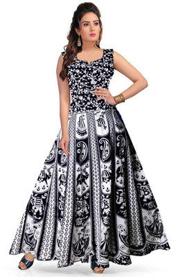 DADUDAYAL EXPORT Women Gown Black, White Midi/Calf Length Dress