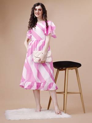 Vividh Women Fit and Flare Pink Knee Length Dress