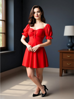 tthe dreams Women Fit and Flare Red Above Knee/Mid Thigh Length Dress