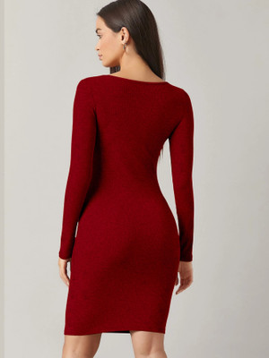 Babisaa Women Bodycon Maroon Above Knee/Mid Thigh Length Dress