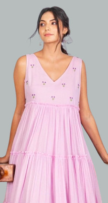 Tanu Creation Women Fit and Flare Pink Knee Length Dress