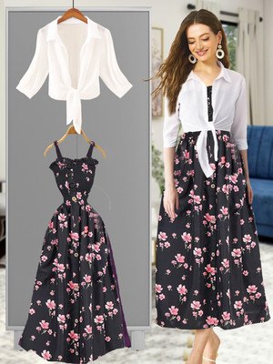 LEETOS Women A-line White, Black, Multicolor Ankle Length Dress