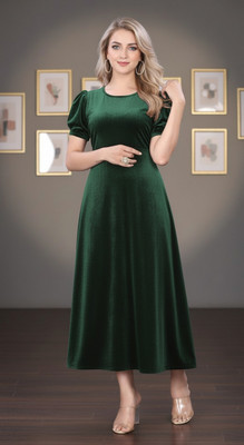 VM STUDIO Women Fit and Flare Green Maxi/Full Length Dress
