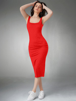 Trendz Creation Women Bodycon Red Below Knee Dress
