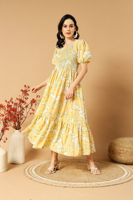 Deklook Women Fit and Flare Yellow Midi/Calf Length Dress
