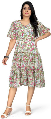 Envi Women Fit and Flare White Above Knee/Mid Thigh Length Dress