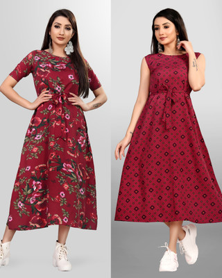 MAA FAB Women A-line Maroon Midi/Calf Length Dress
