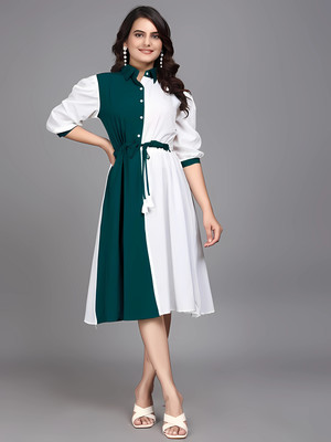HEMANG FASHION Women A-line Light Green, White Midi/Calf Length Dress