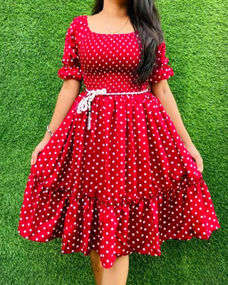 LuxeStyle Women Fit and Flare Red, White Below Knee Dress