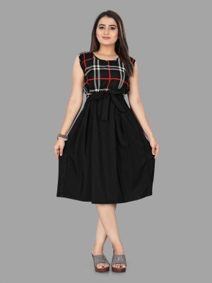 MADHAV Women A-line Black, White, Red Dress