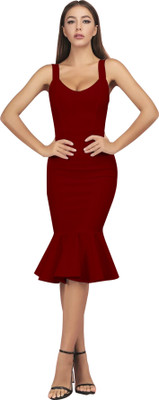 Alekya Women Bodycon Maroon Midi/Calf Length Dress