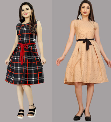 tanvi creation Women Fit and Flare Beige Knee Length Dress