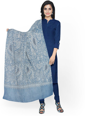 KHEVANHAAR Poly Wool, Wool Embroidered Women Shawl(Blue)