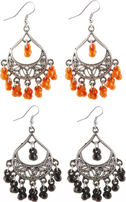 Jamleen Gallery Combo Antique SilverTeardrop Jhumka Earrings Orange & Blak Beads Earrings Alloy Drops & Danglers