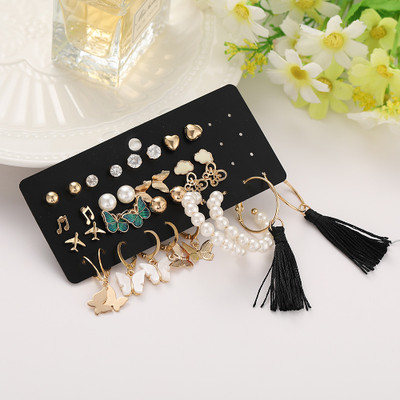 TVI Combo of 17 Pair Golden Heart Stud / Tassel Pearl Hoop Earring For Women Pearl Alloy Stud Earring