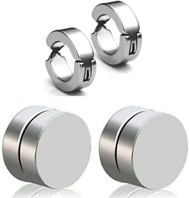 Roadster Combo 1 Pair each Silver Color Magnet & Non-Pierced Earrings Stainless Steel Stud Earring, Clip-on Earring, Earring Set, Magnetic Earring