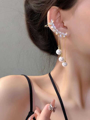Miraclewood Korean Glorious Pearl Gold Plated style Half Moon & white moti Earing for Women Cubic Zirconia, Diamond, Pearl, Crystal Alloy Drops & Danglers, Hoop Earring, Rhinestone Studs, Tassel Earring, Earring Set