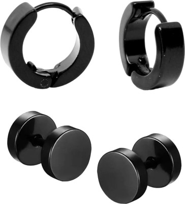 Teeragaj Trendy Black Hinged & Round Barbell Dumbbell Bali Combo For Men Women (2 Sets) Stainless Steel Hoop Earring, Huggie Earring, Stud Earring, Earring Set