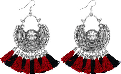 Jamleen Gallery Handcrafted Silver Oxidised Maroon & Black Tassels Earrings For Women And Girls Alloy Drops & Danglers