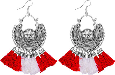 Jamleen Gallery Handcrafted Silver Oxidised Red and White Tassels Earrings For Women And Girls Alloy Drops & Danglers