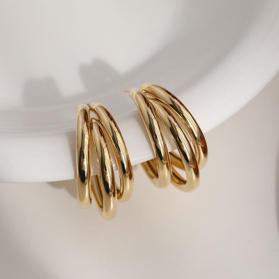 Exotique Korean Gold-Plated Triple Curved Hoop Earrings Copper Hoop Earring