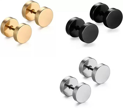 Roadster Combo Dumbbell Earring 3 Color Gold/Black/Silver (3-Pair) Stainless Steel Stud Earring, Clip-on Earring, Earring Set, Magnetic Earring