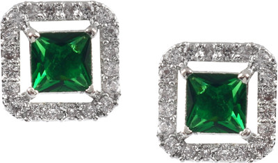 Pallavi Creation Earrings Silver Plated Square Tops Ad Cz Multi-Color Stones Boxy Design Stud Cubic Zirconia, Crystal Brass Stud Earring